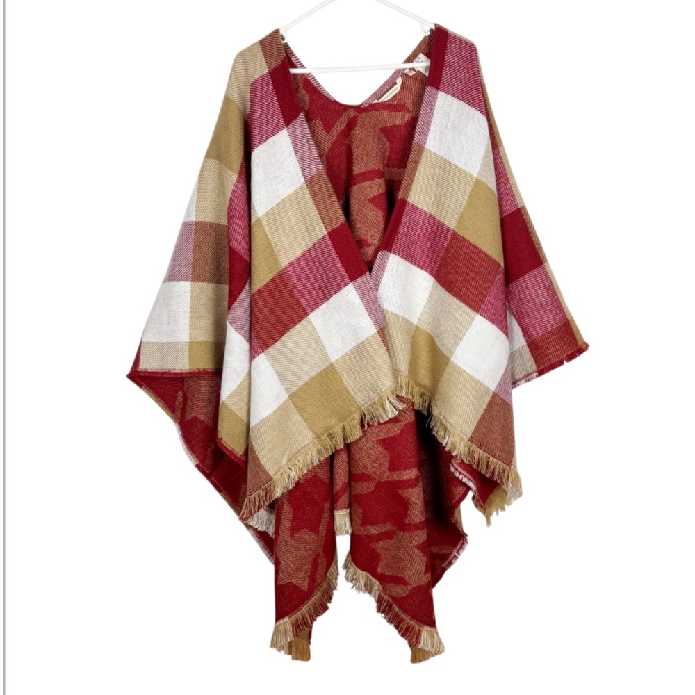 Soft Surroundings Topper Plaid Fringe Poncho Red Tan White One Size